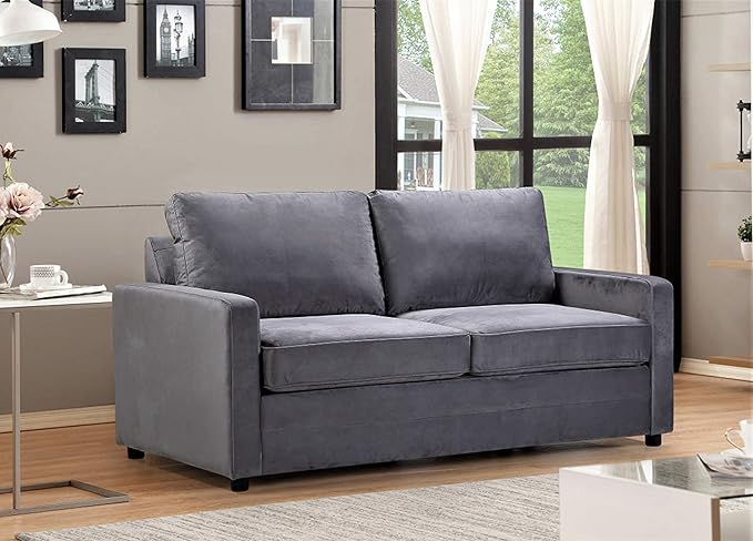 Container Furniture Direct Rosina Convertible Sleeper Sofa with Innerspring Mattress and Durable Metal Frame, 500 lb Capacity, Mid-Century Velvet Pull Out Couch Bed, 70" Wide, Full Size, Fossil Grey