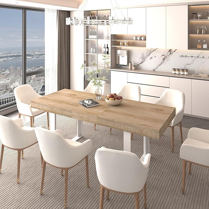 KEIKI 62.99'' to 78.7'' Extendable Dining Table, Modern Farmhouse Expandable Kitchen Table for 6-10 People, Large Wooden Conference Table