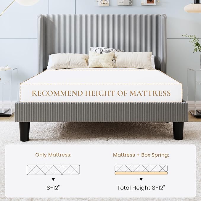 SHA CERLIN Full Size Corduroy Upholstered Platform Bed Frame with Vertical Channel Tufted Wingback Headboard, 8" Under Bed Storage, Wooden Slats & Metal Frame Support, Easy Assembly, Light Grey