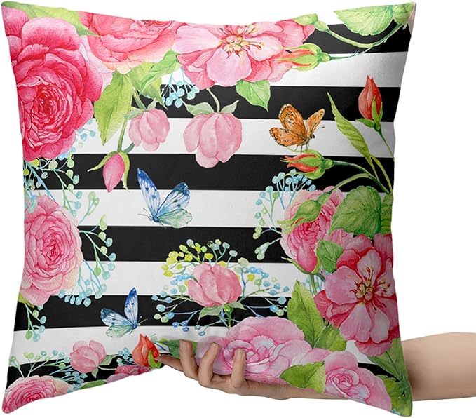 Spring Summer Pillow Covers 16x16 Set of 2 Rose Throw Pillow Covers Butterfly Flowers Pillow Case Black Stripes Cotton Blend Cushion Case for Home Decor Couch Sofa