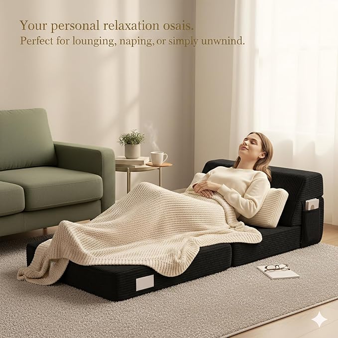 Folding Sofa Bed with Pillow, Convertible Sleeper Chair, Comfy Floor Futon Couch Mattress Lounge Sofa for Adults Portable Fold Out Chair Bed for Living Room Bedroom, Single, Black