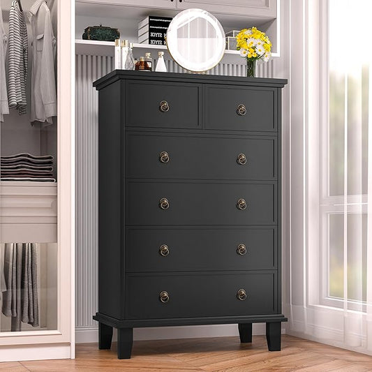 Tall Dresser for Bedroom Black 6 Drawers Dresser Tall Chest of Drawers, Modern Farmhouse Storage Cabinet for Living Room, Hallway, Entryway, Home Office