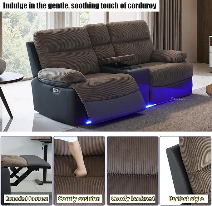 A Ainehome Power Recliner Loveseat with LED Light, Power Reclining Living Room Set, Reclining Sectional Sofa Couches with USB Port/Hidden Storage for Living Room/Office/RV