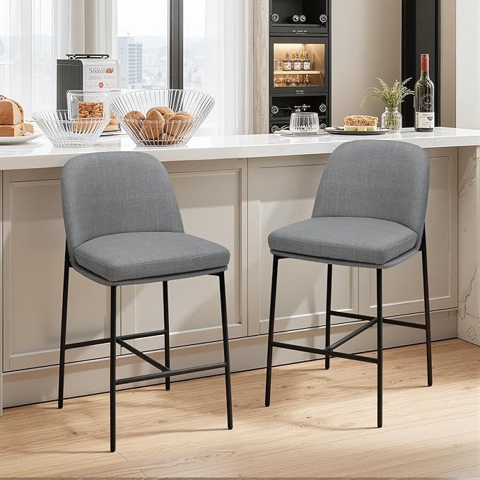 Bar Stools Set of 2, Modern Upholstered Counter Height Bar Chairs with Cushioned Seat and Curved Back, Fabric Kitchen Island Stools with Sturdy Metal Legs for Dining Room Island Bar, Dark Grey
