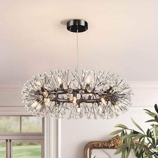 Modern Firework Chandelier, Farmhouse Black Crystal Round Dandelion Sputnik Chandeliers, 31.5" Contemporary 20-Light Pendant Hanging Lighting for Dining Room Kitchen Bedroom Living Room
