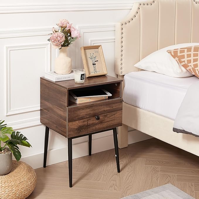 VECELO Night Stand for Bedroom Set of 2,Modern Solid Wood Nightstand with Storage Shelf and Drawer, Bedside Table End Table for Living Room,Bedroom,Entryway,Easy Assembly,Brown