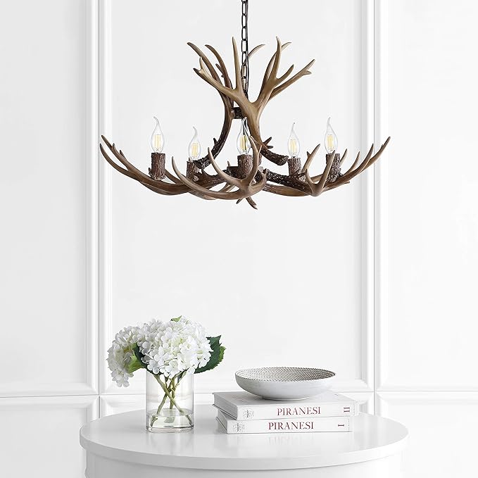 JONATHAN Y 26" Brown Rustic Resin Antler 4-Light LED Chandelier, Farmhouse Faux Deer Horn Hanging Ceiling Light for Dining Room, Kitchen Island, Adjustable Light Fixture (JYL6300A)
