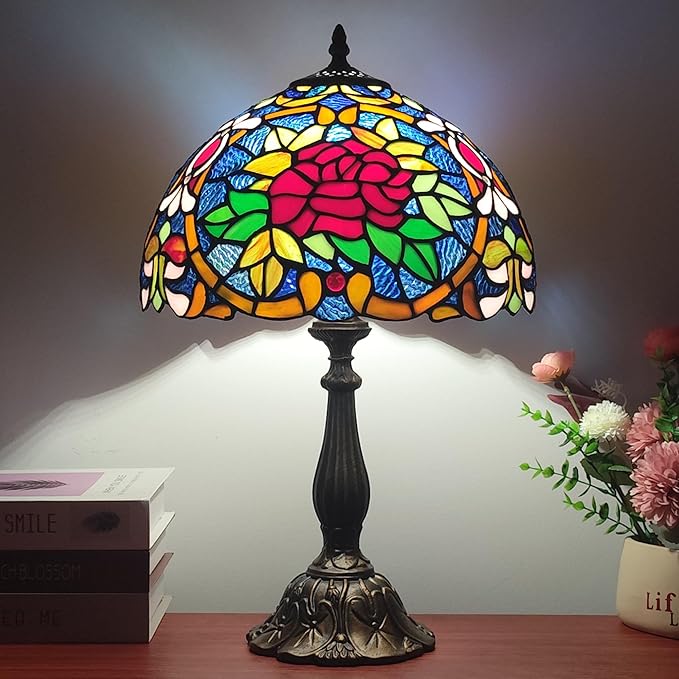 Tiffany 3-Color Stained Glass Lamp - Vintage Beside Reading Lamp, 12 inch Living Room Light, Flowers Style Antique Nightstand Light (Red Roses Heart)