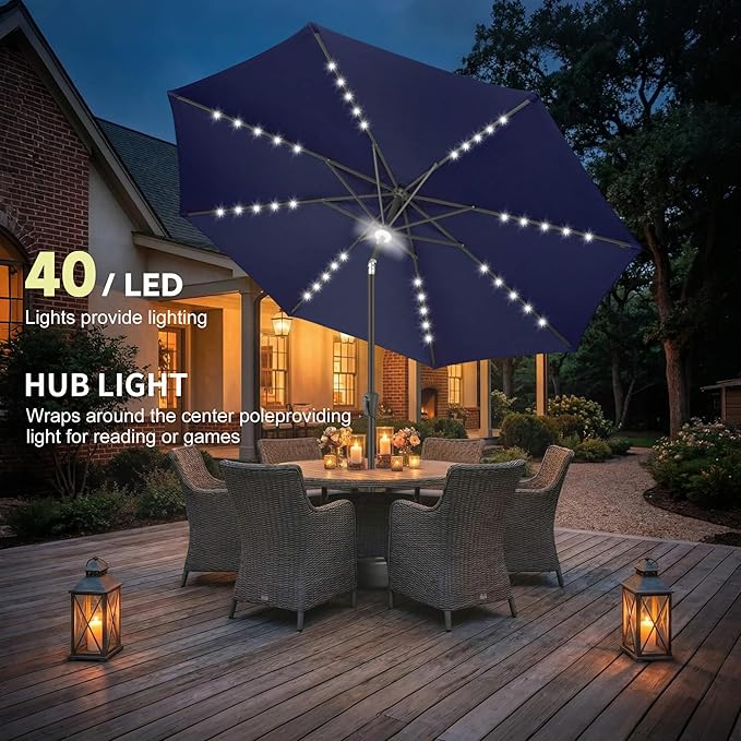 10ft Solar Umbrella Outdoor - Lighted Solar Patio Umbrella with 40 LED Lights Waterprool UV Protection, Table Umbrella with Tilt for Pool, Porch, Garden, Deck, Backyard (Navy Blue)