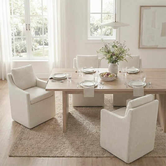 Upholstered Dining Chairs Set of 4, Modern Dining Room Chairs with Casters & Washable Cover, Rolling Accent Chair with Hidden Storage for Kitchen, Farmhouse, Living Room, Beige, 4 Box