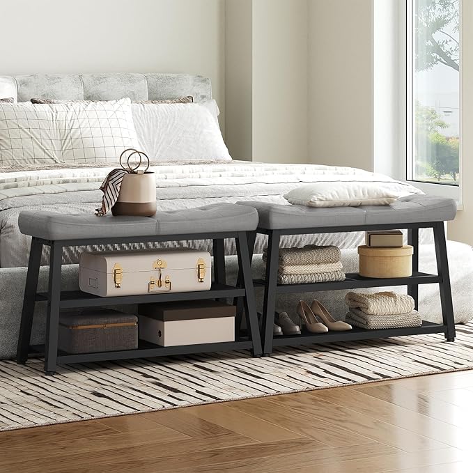 Shoe Bench, 3-Tier Shoe Rack, Entryway Bench with Storage and Cushion, for Hallway, Foyer, Bedroom, Gray and Black HX02BG