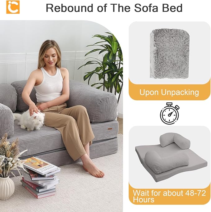 COMAX Futon Sofa Bed, 4-in-1 Floor Foldable Sofa Couch Bed with L-Shaped Armrests, Convertible Folding Chair Bed Sleeper Mattress Fold Out Lounge for Living Room Bedroom, Light Grey