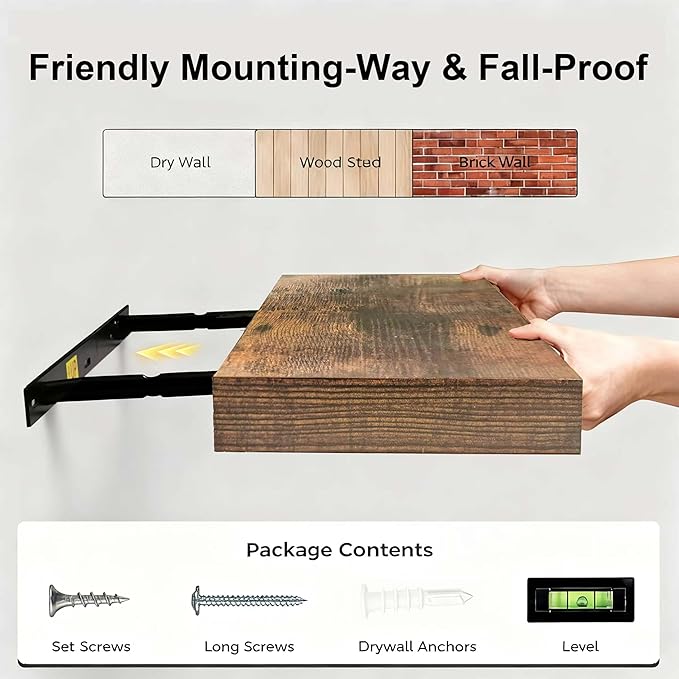 Rustic Brown Floating Shelves - 36 Inch Engineered Wood Wall Mounted Storage Rack, Heavy Duty Farmhouse Decorative Display Shelves for Living Room, Bedroom, Kitchen, Bathroom, Set of 2