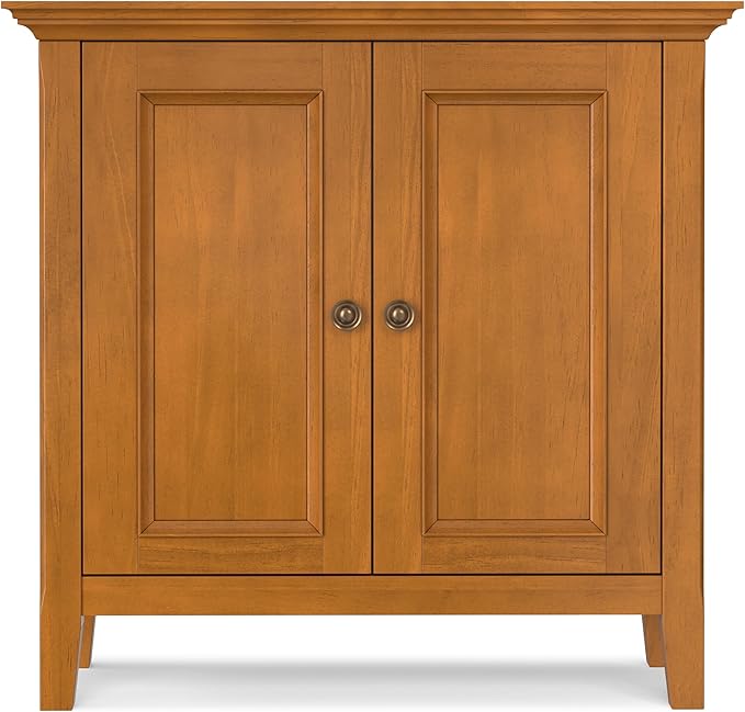 SIMPLIHOME Amherst Storage Cabinet - 32 inch Wide Solid Wood 2-Shelf Low Storage Unit in Light Golden Brown, Transitional Console or Accent Cupboard for Living Room or Entryway with Adjustable Shelves