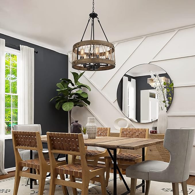 LALUZ Farmhouse Chandelier for Dining Room, 18’’ Round Wooden Chandelier, Hemp Rope Rustic Chandelier for Kitchen Island, Foyer