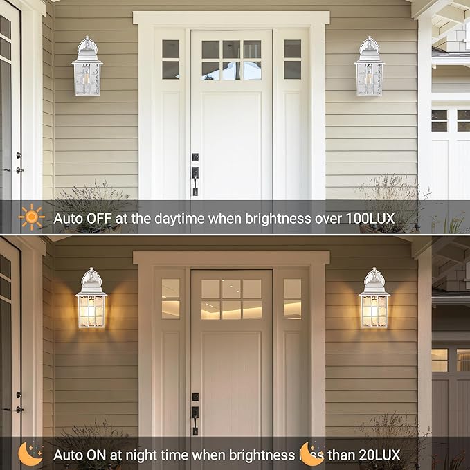 WIHTU Silver Exterior Lighting Fixtures Wall Mount, Dusk to Dawn Outdoor Porch Wall Lights, Sensor Wall Lantern Wall Lamp Set of 2, Waterproof Wall Sconce, Outside Lighting for Garage, Front Door