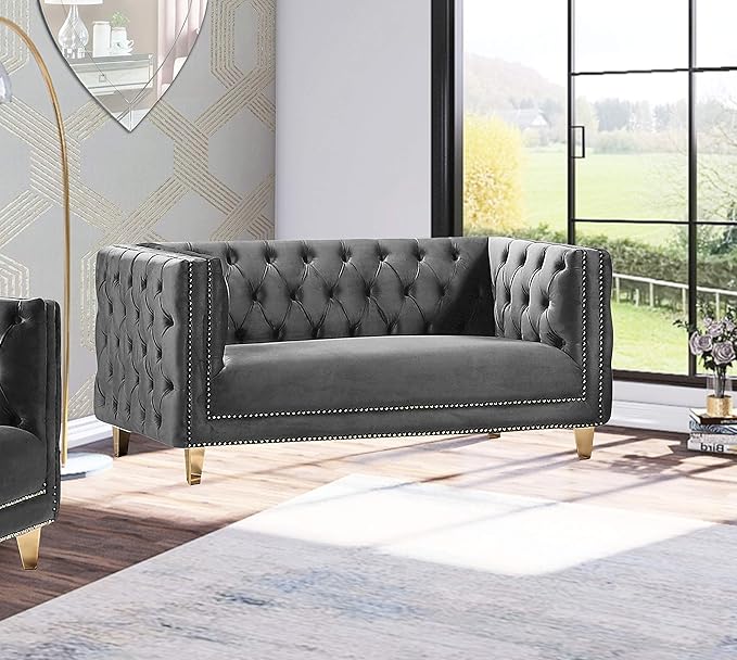 Meridian Furniture 652Grey-L Michelle Collection Modern | Contemporary Loveseat with Deep Button Tufting, Gold Nailhead Trim and Sturdy Gold Iron Legs, Grey Velvet, 66" W x 34" D x 30" H