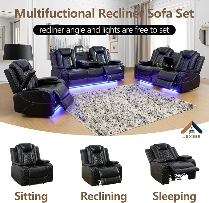 Power Recliner Sofa Sets for Living Room, Leather Recliner Sofa Set with LED Light, Console Storage, Cup Holder for Home Theater Seating(Sofa and Chair,Black)