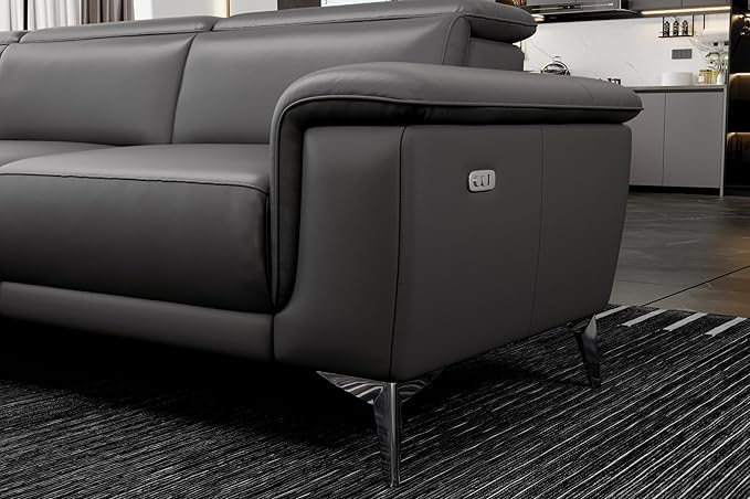 Valencia Pista 113" Cloudy Grey Full Leather Reclining Sectional Sofa with Left Hand Chaise | Power Recliner Chair, Nappa 11000 Leather | L Shaped Couch for Living Room Furniture