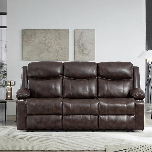 Manual Reclining 3-Seater Sofa with Heat & Massage, PU Leather Recliner Couch for Living Room, Faux Leather Upholstery, Deep Cushions & Sturdy Frame (Brown)