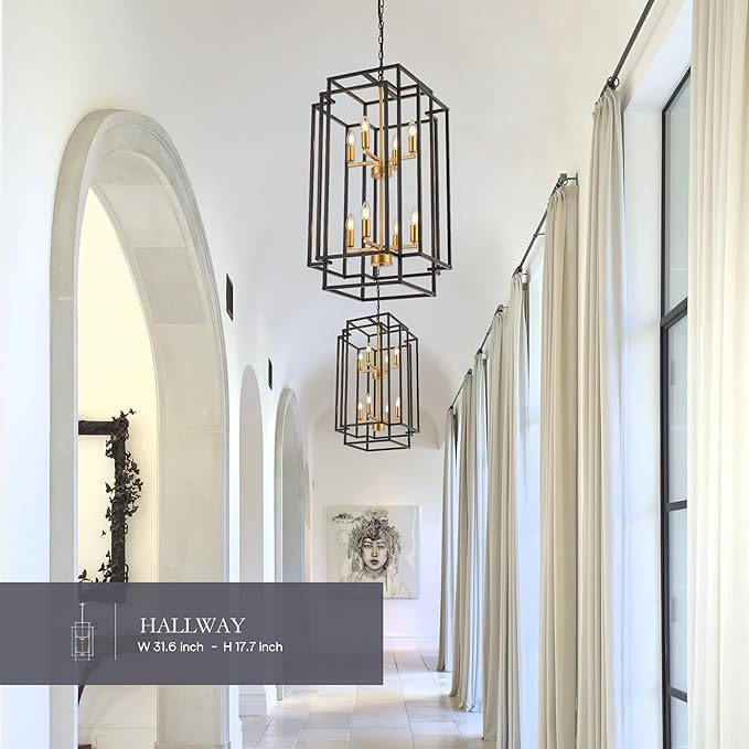 8-Light Lantern Tiered Pendant Light Fixtures, Black Metal Farmhouse Chandelier Hall Foyer Hanging Chandelier for Kitchen Island Dining Room Living Room Foyer Entryway, Black+Gold
