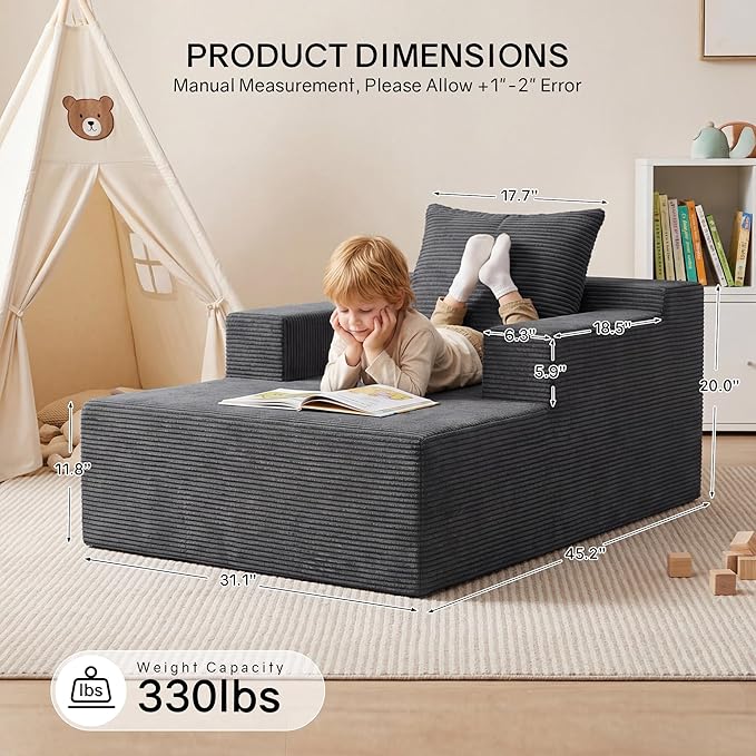 GRUSIGN 45'' Chaise Lounge Chair Indoor, Corduroy Boneless Sofa Bed, Deep Seat Sleeper Couch Reading Chairs for Bedroom Living Room, Movie Room | No-Assembly, Pet-friendly Fabric
