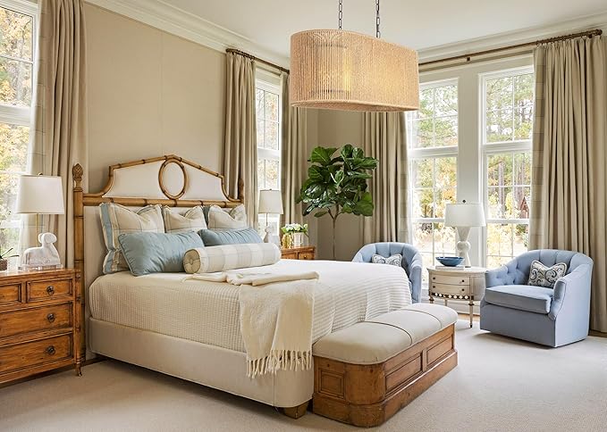 Wellmet Boho Chandelier Light Fixture 42 Inch, Farmhouse Rattan Pendant Light for Dining Room, Rustic Rectangular Chandeliers for Living Room, Bedroom, Kitchen Island (Rattan, 33 Inches)