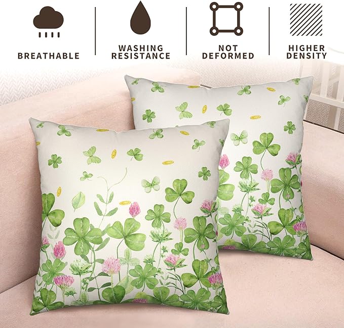 Green Shamrock St Patricks Day Pillow Covers 18x18 Set of 2 Watercolor Lucky Clovers Floral Hrow Pillow Cover Spring St. Patrick's Day Outdoor Decorative Pillow Case for Home Couch Sofa