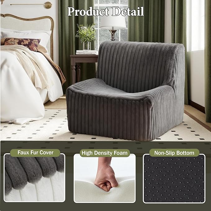 Trenda 32'' Comfy Bedroom Chair for Adult, Boneless Space-Saving Accent Chairs with with Spacious Seating, Soft Faux Fur, Ideal Floor Couch for Living Room,College, Dorm to Reading(Grey)
