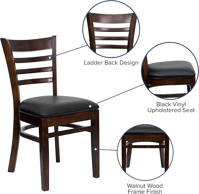 Flash Furniture HERCULES Series Ladder Back Walnut Wood Restaurant Chair - Black Vinyl Seat