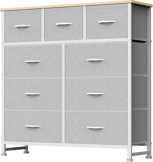 DUMOS 9 Drawer Dresser for Bedroom, Fabric Storage Organizer with Sturdy Metal Frame, Wooden Top Chest of Drawers for Closet Entryway Guest Room,Light Gray
