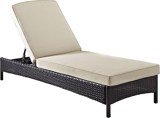 Crosley Furniture Palm Harbor Reclining Wicker Outdoor Chaise Lounge Chair for Patio, Deck, Poolside, Brown with Sand Cushions