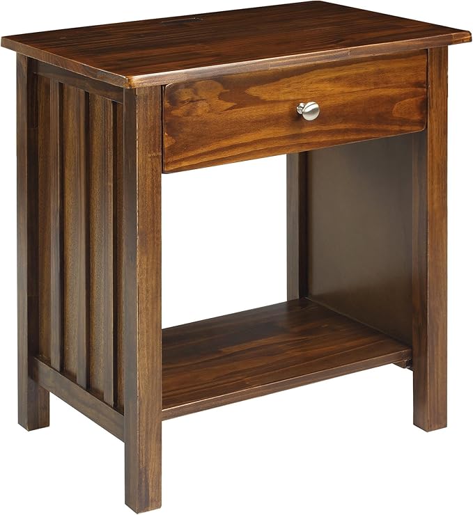 Casual Home Vanderbilt Nightstand with USB Ports-Warm Brown, 24"L x 17"W x 27"H