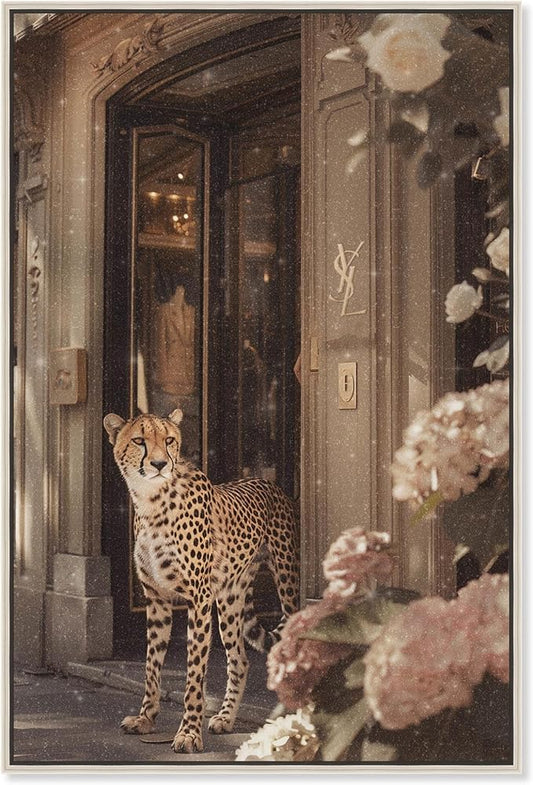 Art Remedy Cheetah at the Store Canvas Fashion Designer Wall Art, Silver Frame, 36" x 54"