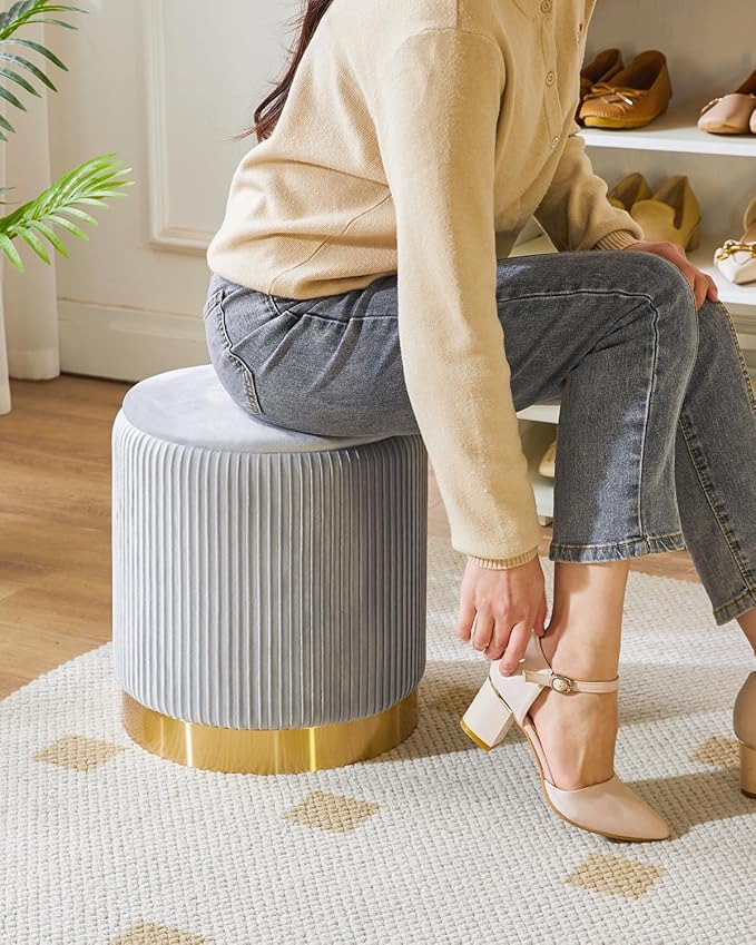IBUYKE Round Storage Ottoman Set of 2 Ottoman for Dorm Vanity Stool with Storage Velvet FootStools End Table Boucle Ottoman for Home Organization Gray UWBD016G