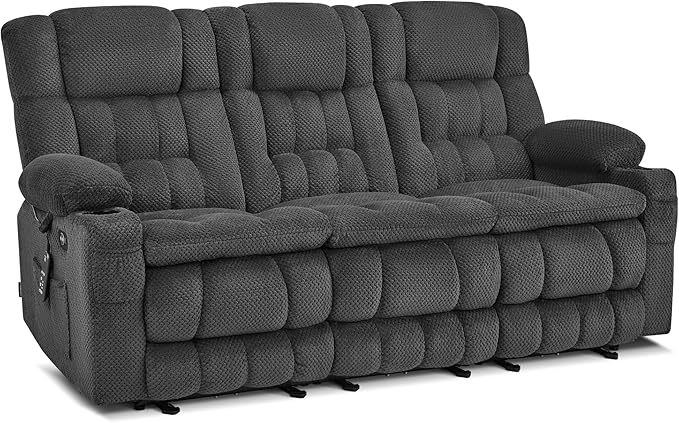 MCombo 80.7" W 3 Seater Power Reclining Sofa with Heat and Vibration Massage, Zero Gravity Recliner Sofa Couch for Living Room, Fabric 6316M3 (Dark Grey, 3-Seater)