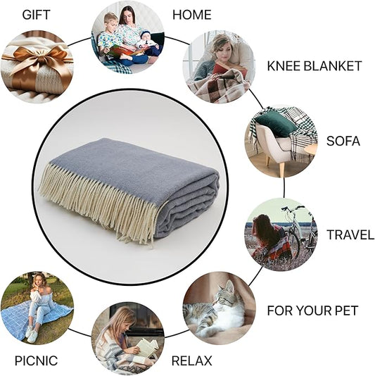 | Wool Blanket/Throw | 100% New Zealand Wool | Perfect for Home and Outdoors | Virgin Wool Throw with Fringes 67"x79" (170 x 200 cm)