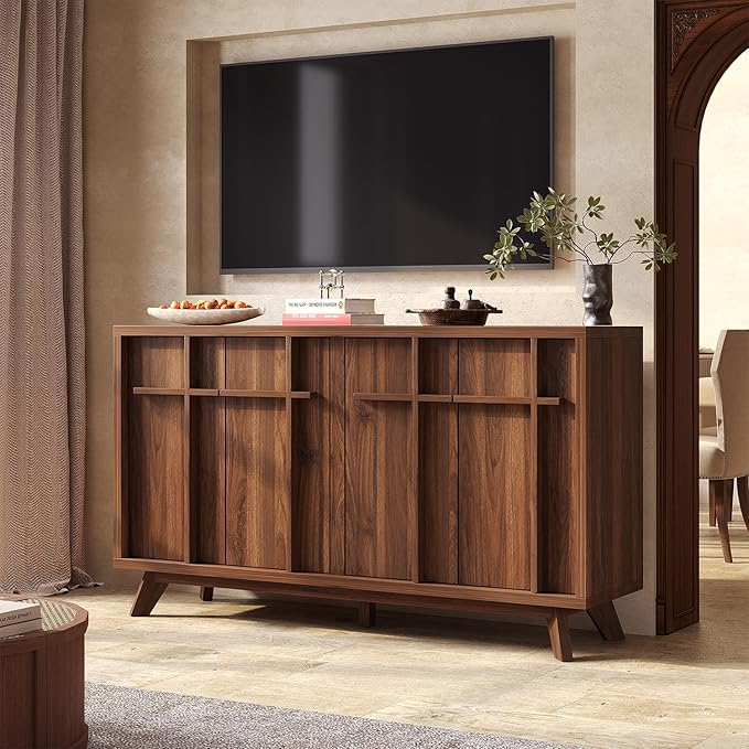 Sideboard Buffet Cabinet with Storage, 59" Modern Credenza with 4 Doors & Adjustable Shelves, Wood Console Cabinet for Living Room Kitchen Dining Room Hallway (Walnut)