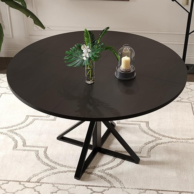 IDEALHOUSE 47 Inch Round Dining Table for 4, Farmhouse Kitchen Table with Metal K-Base, Black Circle Wood Table for Dining Room, Kitchen, Apartment & Living Room (Table Only)