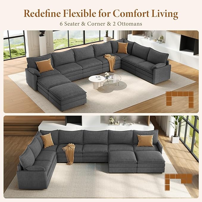 Vesgantti Large Modular Sectional Sofa, Big Comfy Cloud Couch with Ottoman Deep Seat Chenille Cloud Sofa, 9 Seater Large Sectional Couches for Living Room, Bedroom and Apartment, Gray | Sink-in Comfort, Height Adjustable, Easy Rearrangement, Extra-deep...