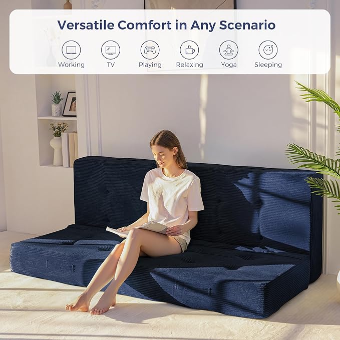MAXYOYO 8" Foldable Floor Sofa Bed, Tufted Foldable Couch Bed Thick Folding Mattress with Handles, Versatile Folding Sofa Couch for Floor Sleeping, Living Room & Guest Room, Navy