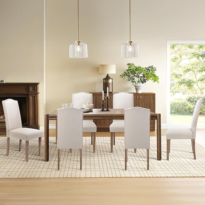 Upholstered Dining Chair Modern Stylish Parsons Kitchen Diner High Back with Silver Nailhead Trim & Wood Legs, Set of 4, Fabric Beige