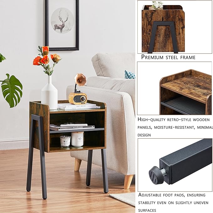 VECELO Nightstand Industrial Side Table/End Table/Stackable Accent Furniture with 2-Tier Open Storage Shelves for Bedroom, Living Room and Small Spaces