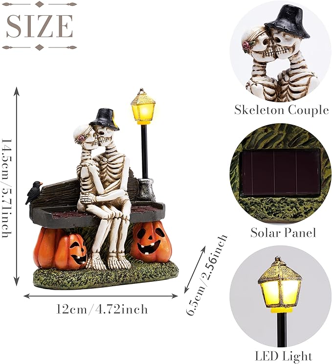 TERESA'S COLLECTIONS Halloween Decorations, Love Never Dies, Skeleton Decor, Couple Kissing Skeletons and Solar Light, Waterproof Resin Halloween Decor, Skeleton Gifts Indoor/Outdoor