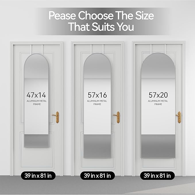 57x20 Door Hanging Full Length Mirror, Floor (Height 5.7ft just Body in1.3ft) or Wall Mounted Metal Frame Arch Dressing Mirrors for Bedroom Bathroom Living Room 57 20 inch Silver