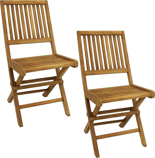 Sunnydaze Foldable Teak Wood Outdoor Chairs – Folding Patio Chair Set of 2 for Deck or Balcony – Wooden Teak Furniture with Light Finish