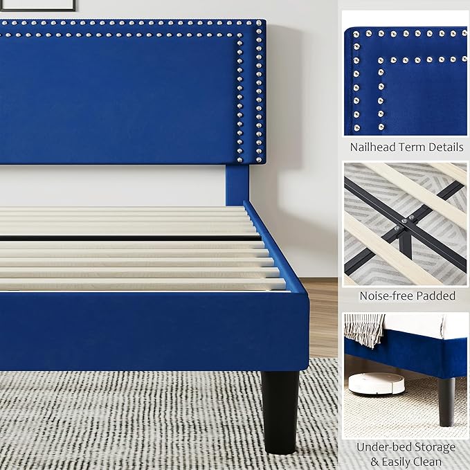 VECELO Full Size Bed Frame with Adjustable Upholstered Headboard, Wooden Slats Platform, Noise-Free Design, Easy Assembly