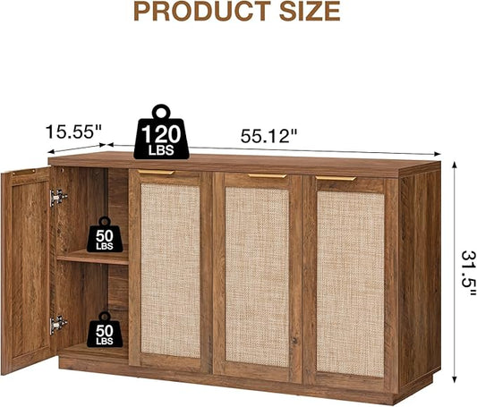 HOMMPA 55'' Sideboard Buffet Cabinet with Storage Boho Kitchen Buffet Cabinet with 4 Doors and Adjustable Shelves, Rattan Credenza Wood Coffee Bar Cabinets/Table for Living Room, Hallway & Kitchen