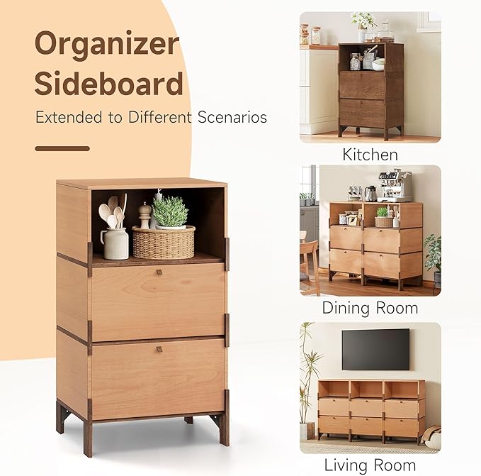 Sebastack Sideboard, Buffet Cabinet with 2 Drawers & Open Storage, Easy Assembly Coffee Bar Wood Buffet Table for Kitchen, Dining Room, Bathroom, Office, Hallway, Beech Color (1 pcs)