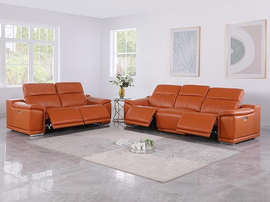 Blackjack Furniture Venice Top Grain Italian Leather Recliner 5 Seater 4 Power Reclining Seater 2 Piece Sofa Set with Adjustable Headrests Modern Seating Sofa and Loveseat for Living Room , Camel